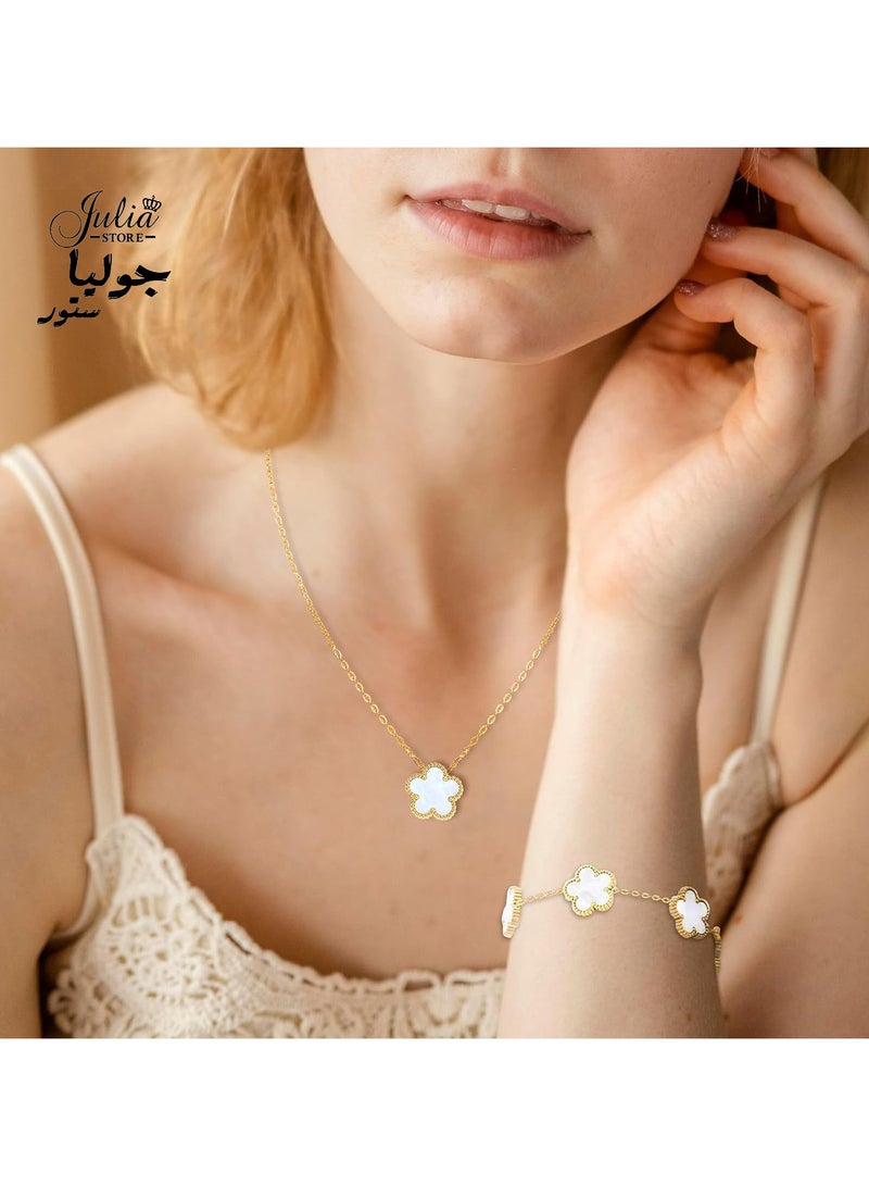 جوليا ستور سوار من الفولاذ المقاوم للصدأ مطلي بالذهب عيار 18 قيراطًا على شكل زهرة البرسيم ذات الخمس أوراق الفاخرة المحظوظة للنساء، أساور مجوهرات هدايا للنساء باللون الأبيض - Image 5