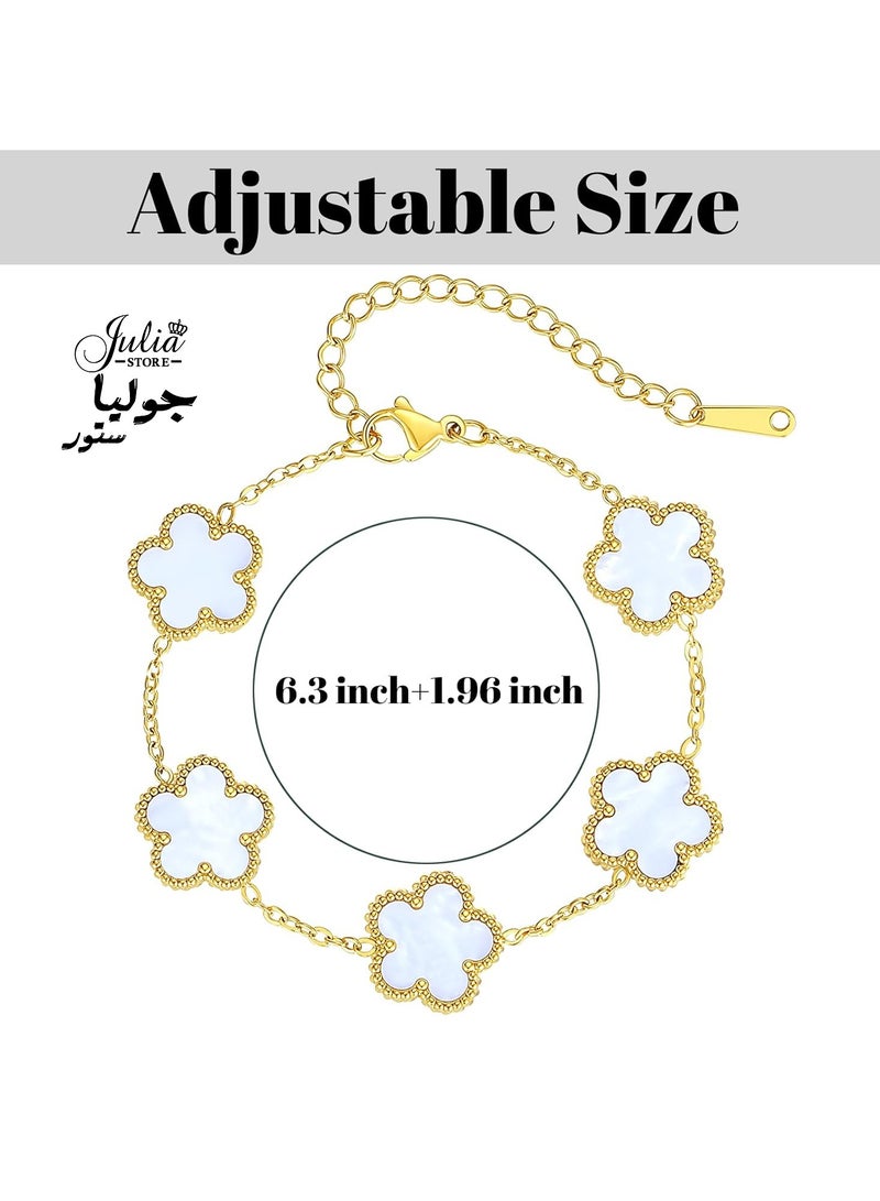 جوليا ستور سوار من الفولاذ المقاوم للصدأ مطلي بالذهب عيار 18 قيراطًا على شكل زهرة البرسيم ذات الخمس أوراق الفاخرة المحظوظة للنساء، أساور مجوهرات هدايا للنساء باللون الأبيض - Image 2