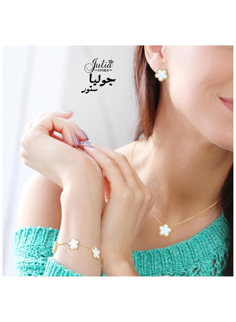 جوليا ستور سوار من الفولاذ المقاوم للصدأ مطلي بالذهب عيار 18 قيراطًا على شكل زهرة البرسيم ذات الخمس أوراق الفاخرة المحظوظة للنساء، أساور مجوهرات هدايا للنساء باللون الأبيض - Image 3