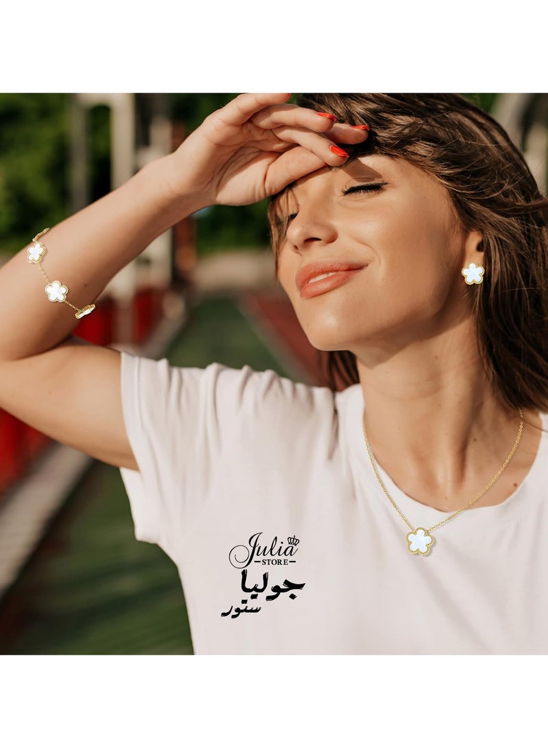 جوليا ستور سوار من الفولاذ المقاوم للصدأ مطلي بالذهب عيار 18 قيراطًا على شكل زهرة البرسيم ذات الخمس أوراق الفاخرة المحظوظة للنساء، أساور مجوهرات هدايا للنساء باللون الأبيض - Image 4