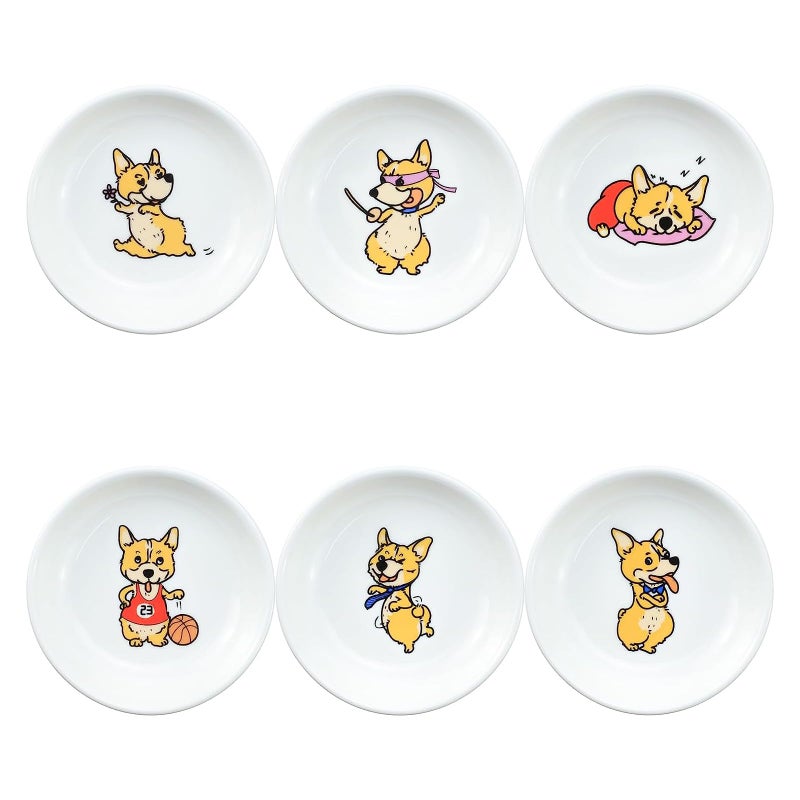 SOCOSY Super Cute Cartoon Animal Pattern Ceramic Sauce/Seasoning/Sushi Soy Dipping Bowl/Appetizer Plates/Serving Dish for Kitchen Home (Set of 6) - Corgi - Image 1