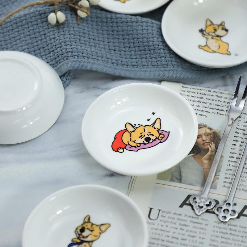 SOCOSY Super Cute Cartoon Animal Pattern Ceramic Sauce/Seasoning/Sushi Soy Dipping Bowl/Appetizer Plates/Serving Dish for Kitchen Home (Set of 6) - Corgi - Image 4