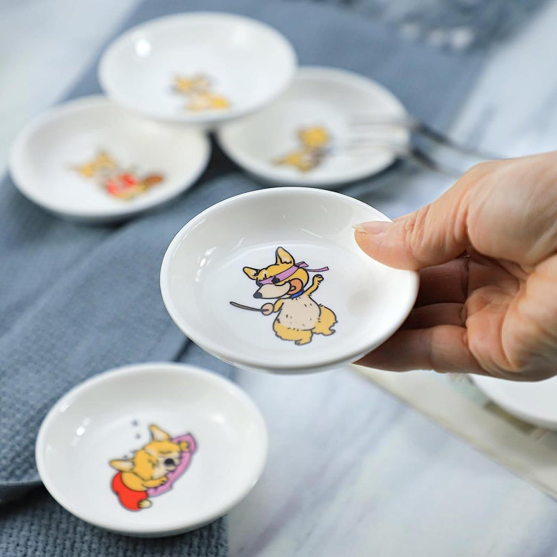 SOCOSY Super Cute Cartoon Animal Pattern Ceramic Sauce/Seasoning/Sushi Soy Dipping Bowl/Appetizer Plates/Serving Dish for Kitchen Home (Set of 6) - Corgi - Image 3