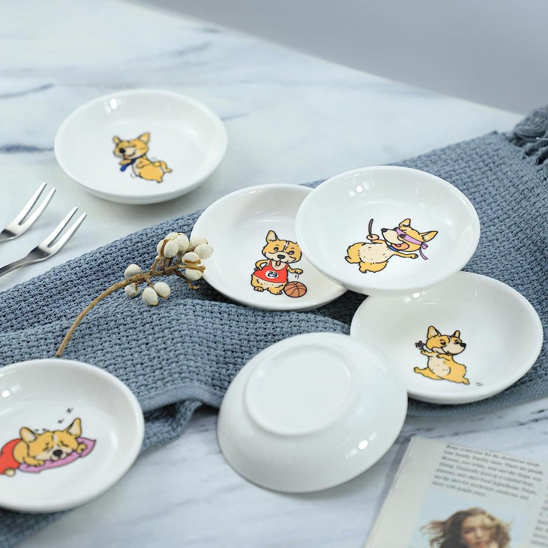 SOCOSY Super Cute Cartoon Animal Pattern Ceramic Sauce/Seasoning/Sushi Soy Dipping Bowl/Appetizer Plates/Serving Dish for Kitchen Home (Set of 6) - Corgi - Image 5