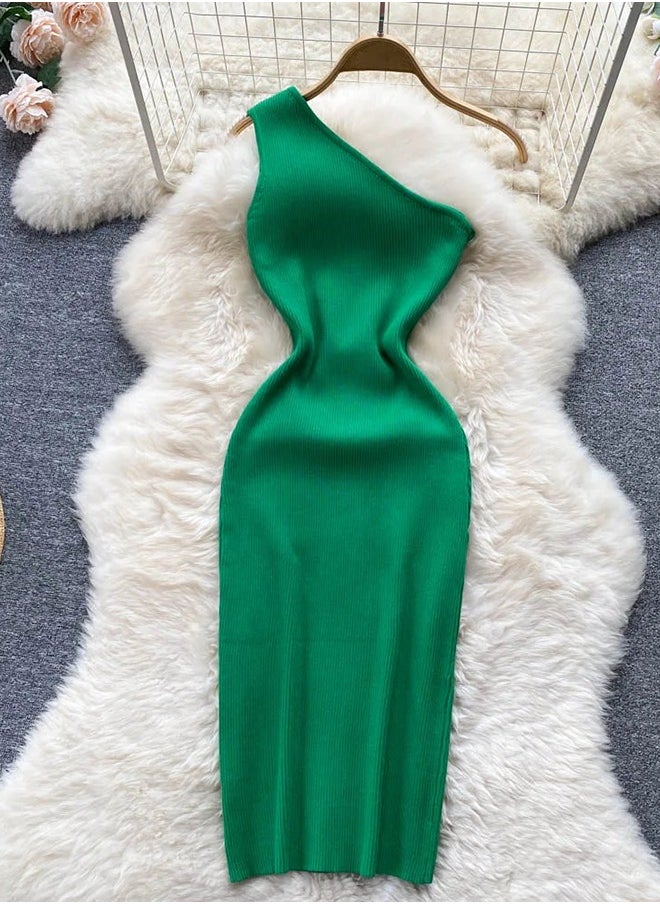 Generic Ins Fashion One Shoulder Knitted Bodycon Dress Lady Elastic Outfits Package Hips White Mini Dress Party Vestidos 