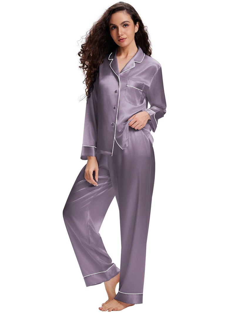 Lonxu Womens Silk Satin Pajamas Set Gray L