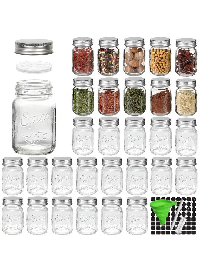 CycleMore 30 Pack 4oz Glass Mason Spice Jars, Round Spice Containers with Silver Metal Caps and Pour/Sift Shaker Lids-80pcs Labels,1 Silicone Collapsible Funnel,1 Brush and 1pcs Pen Included - Image 1