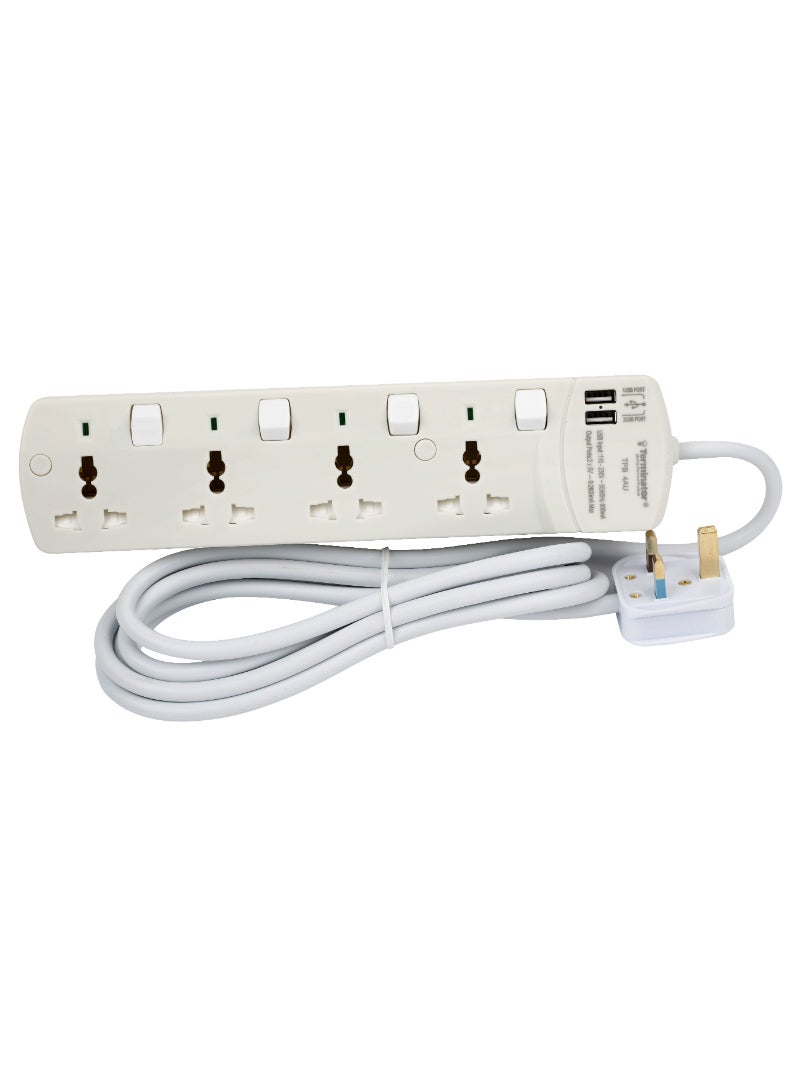 Terminator Extension 4G/3M + 2 USB TPB 4AU Universal Socket With Individual Switches & Indicators Terminator