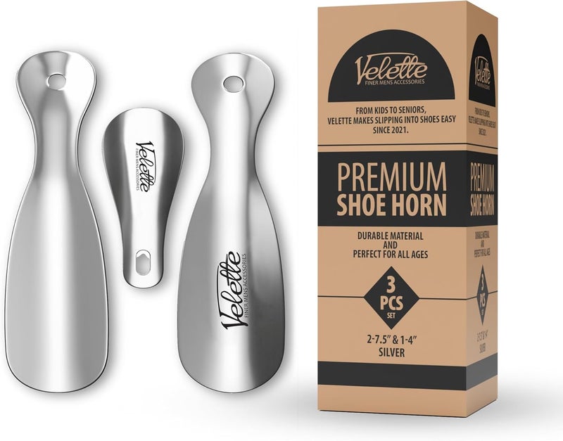 Velette 3-Pack Metal Shoehorn - 2 Set 7.5" Long Shoe Horn,1 Set 4" Travel Shoe Horn for Kids, Men & Women - Shoes Helper, Spoon, Travel Size Shoehorn for Boots, Shoes, Sneakers, Heels and More - Image 1