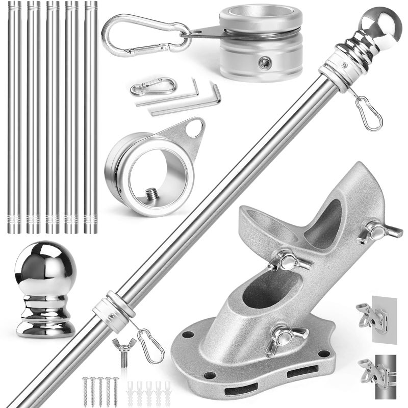 Anovo Flag Pole Kit Stainless Steel 6 FT Flag Poles with1 Inch Metal 360 Rotating Flag Pole Rings Clip TwoPosition Flag Pole Holder Brackets Mounting for Outside House Outdoor Porch 6 FTSliver - Image 2