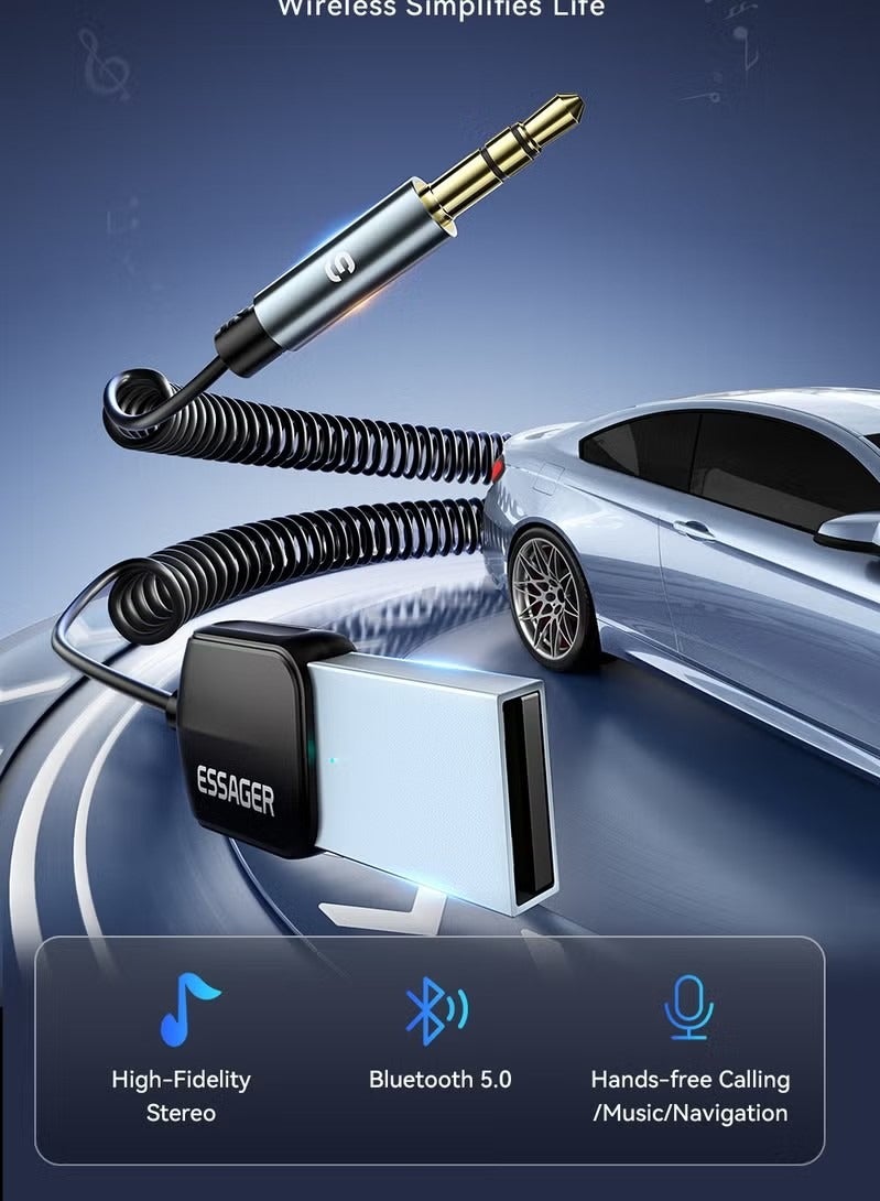 ESSAGER Aux Bluetooth Adapter for Car, Essager Noise Cancelling Bluetooth 5.0 Receiver,Lossless Music USB to 3.5mm Jack Audio Adapter with Built-in Microphone for Car Kits/Home Stereo/Handsfree Call Speaker - Image 3