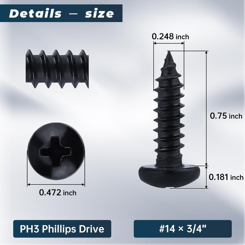 Glvaner #14 x 3/4 inch Phillips Pan Head Self Tapping Screws for Wood, Black Coated, 304 Stainless Steel 18-8, Round Head Sheet Metal Tek Screws, 30 pcs - Image 3