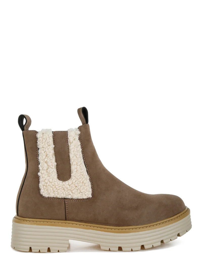 London Rag Women's Faux Fur Detail Chunky Ankle Boots in Taupe