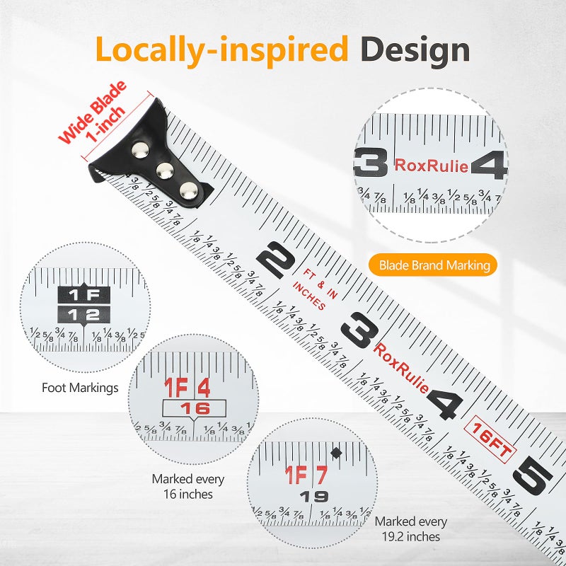 RoxRulie Tape Measure with Fractions 1/8, Measuring Tape 16 FT, 1 Inch/25mm Wide Blade Measurement Tape, Easy Read, Small, Local Design with Fractional Read, Great for Around The House and Carpenter - Image 2