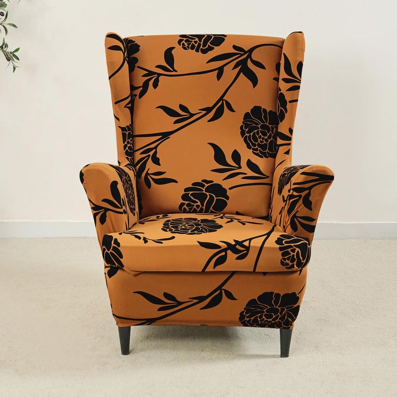 HOKIPO HOKIPO Polyester Blend 140Gsm Stretchable Wing Chair Cover Copper Brown Floral Ar4991C8 - Image 2