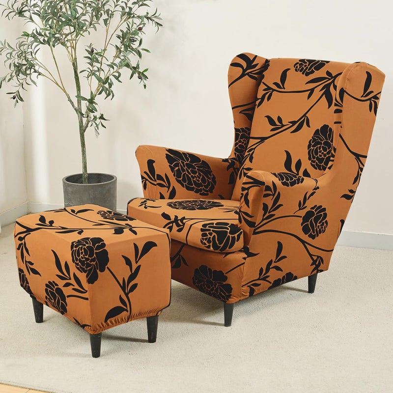 HOKIPO HOKIPO Polyester Blend 140Gsm Stretchable Wing Chair Cover Copper Brown Floral Ar4991C8 - Image 5
