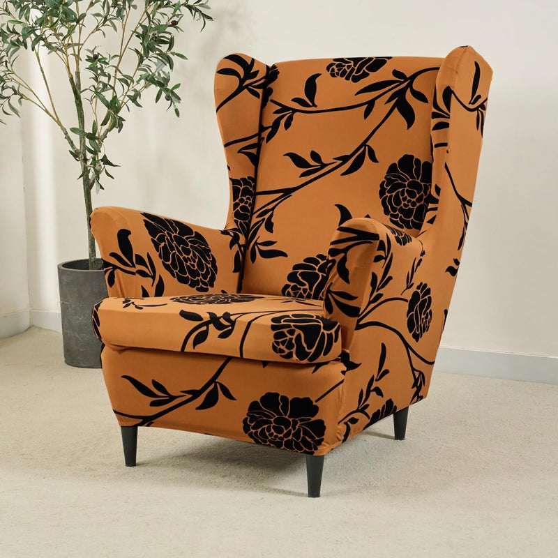 HOKIPO HOKIPO Polyester Blend 140Gsm Stretchable Wing Chair Cover Copper Brown Floral Ar4991C8 - Image 1