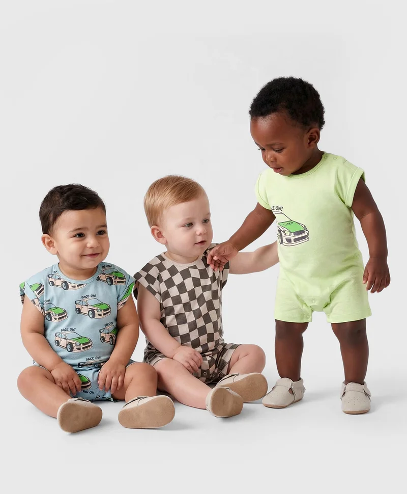 Bonfino Bonfino 100% Cotton Knit Half Sleeves Racing Printed Rompers (Pack of 3) - Multicolor