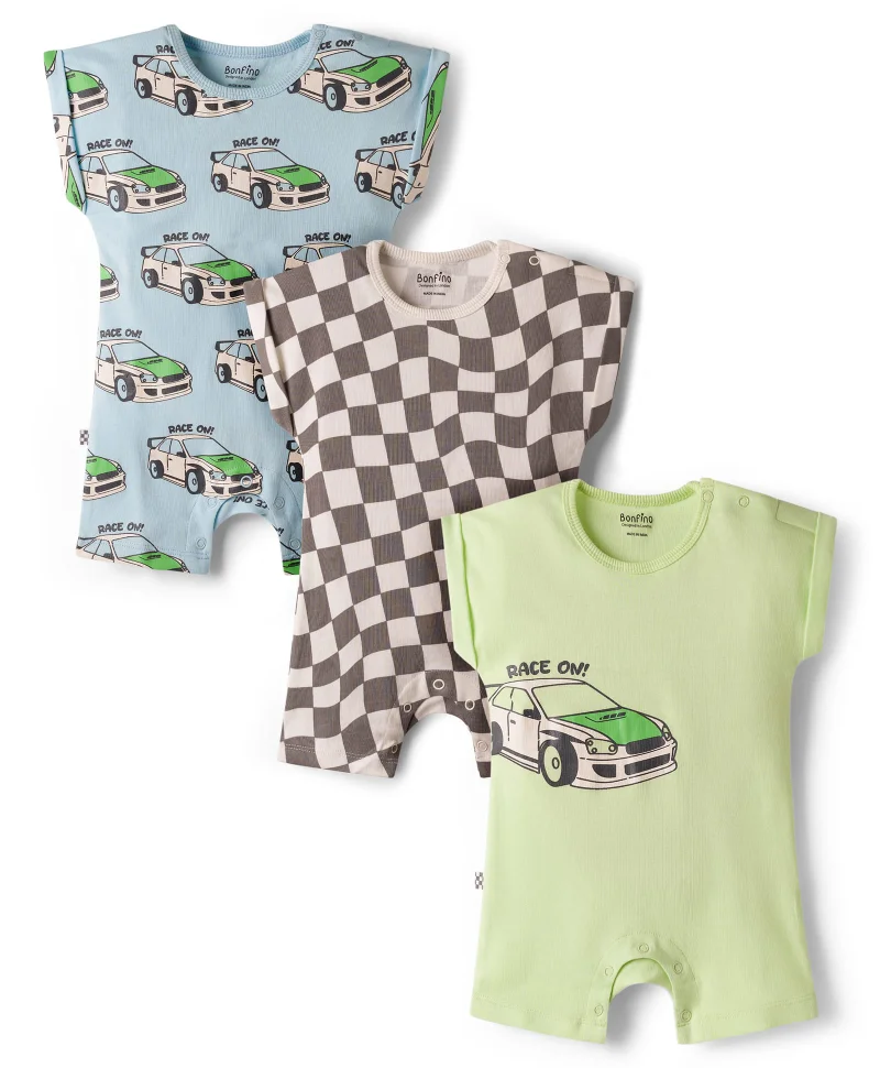 Bonfino Bonfino 100% Cotton Knit Half Sleeves Racing Printed Rompers (Pack of 3) - Multicolor