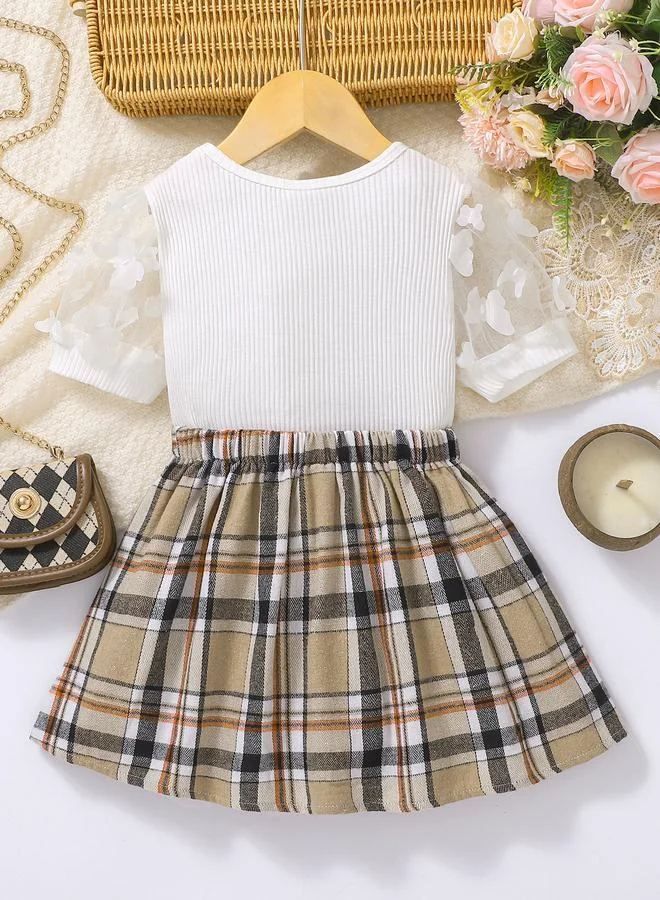 Take Two Girls Lace Sleeve Top and Plaid Skirt Set
