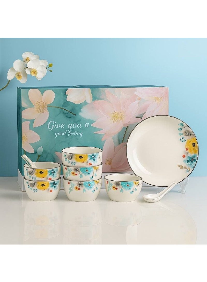 Floral Porcelain Plate and Bowl Set – 7 Pieces - Image 1