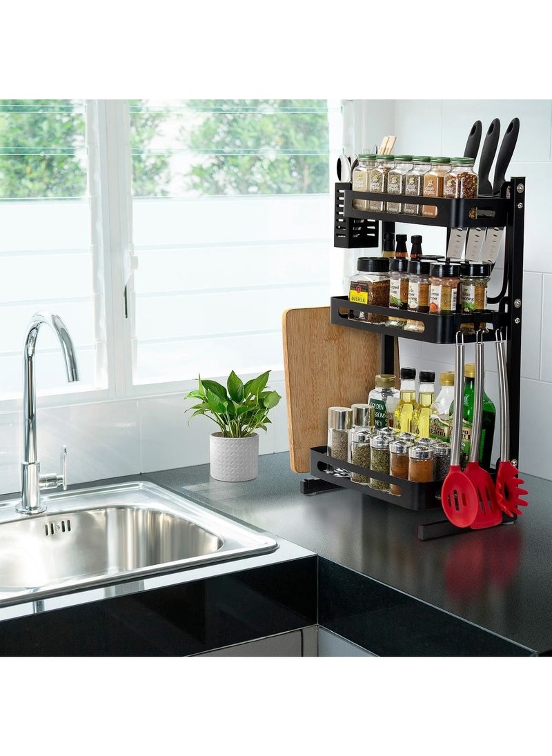 3 Tier Spice Rack Organizer for Countertop Kitchen Seasoning Organizer Standing Shelf Jars Bottle Storage Holder Storage Shelf for Counter (With Paper Towel Storage Rack) (3-Layer)