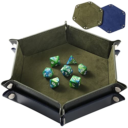 Grajar 2 Pcs Portable Folding Dice Rolling Tray Set for RPG DND Table Games PU Leather and Velvet Holder Storage Box RoyalBlue and Green - Image 1