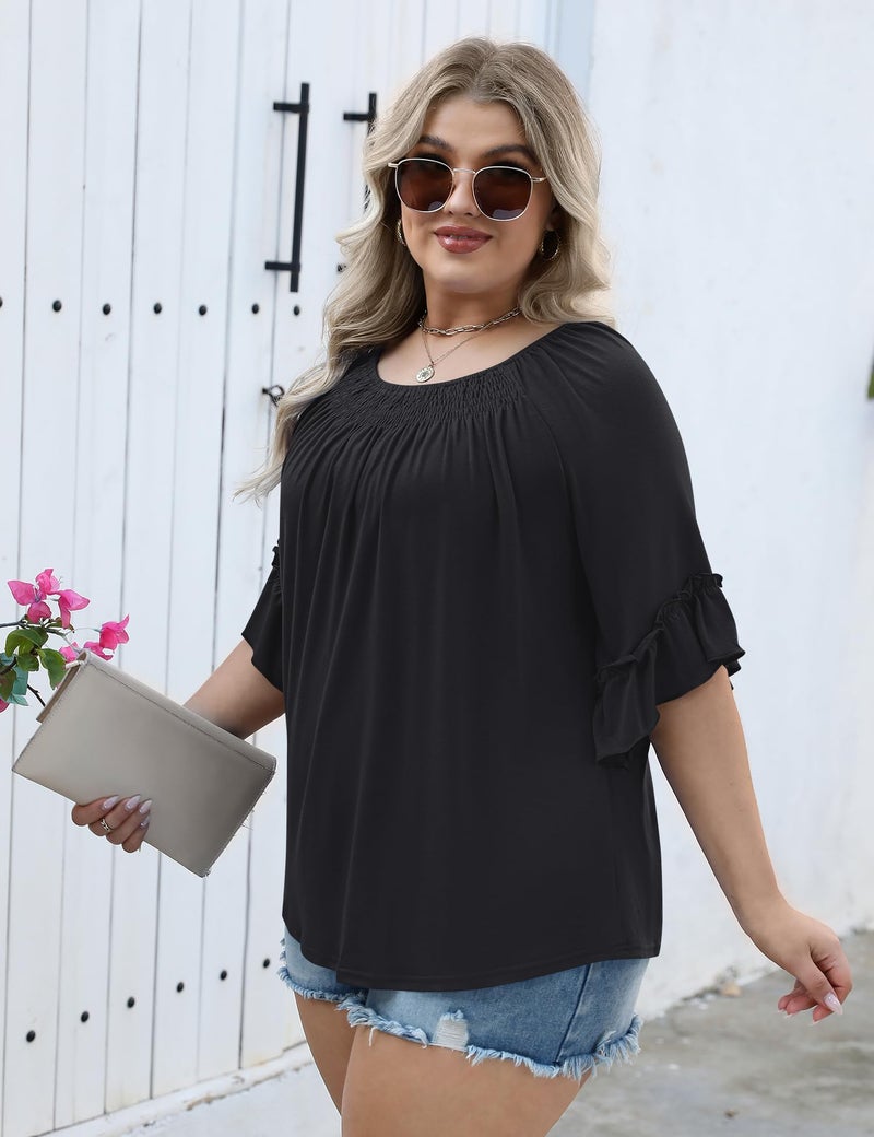 Micoson Women's Plus-Size Fashion 2025 Trendy Womens 3/4 Sleeve Tops and Blouses Ruffle Bell Sleeve Pleated Dressy Casual Tops Black - Image 3