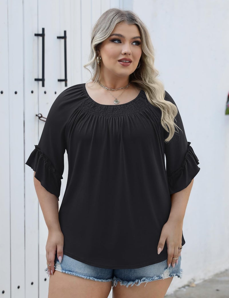 Micoson Women's Plus-Size Fashion 2025 Trendy Womens 3/4 Sleeve Tops and Blouses Ruffle Bell Sleeve Pleated Dressy Casual Tops Black - Image 5