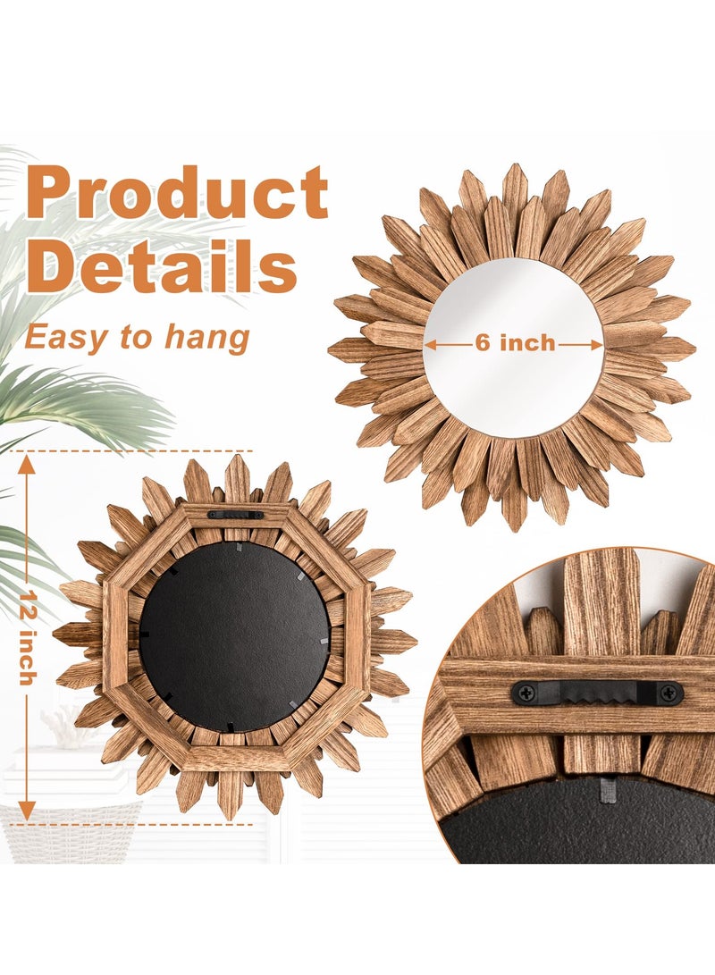 12 Inch Boho Sunburst Mirror Rustic Round Wood Decorative Wall Art for Entryway Bedroom Living Room Carbonized Black  - Image 3
