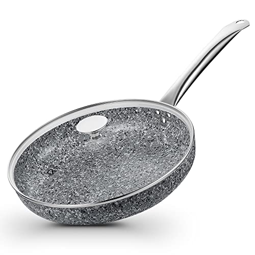 KOCH SYSTEME CS 11 Grey Non stick Granite Stone Frying Pan with Lid Toxinfree Granite Nonstick Coating Cookware Ultra Nonstik Skillet with Stainless Steel Handle Oven SafeAll Stovetop Compatible