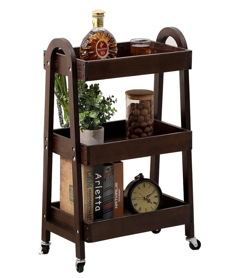 Kersiki 3-Tier Wooden Rolling Cart- Wooden Utility Cart wit Wheels- Utility Rolling Cart-Storage Trolley Organizer- Rolling Kitchen Cart Serving Cart for Office,Kitchen, Kids' Room (Walnut Color) - Image 1