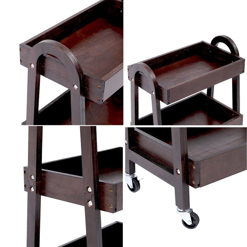 Kersiki 3-Tier Wooden Rolling Cart- Wooden Utility Cart wit Wheels- Utility Rolling Cart-Storage Trolley Organizer- Rolling Kitchen Cart Serving Cart for Office,Kitchen, Kids' Room (Walnut Color) - Image 3