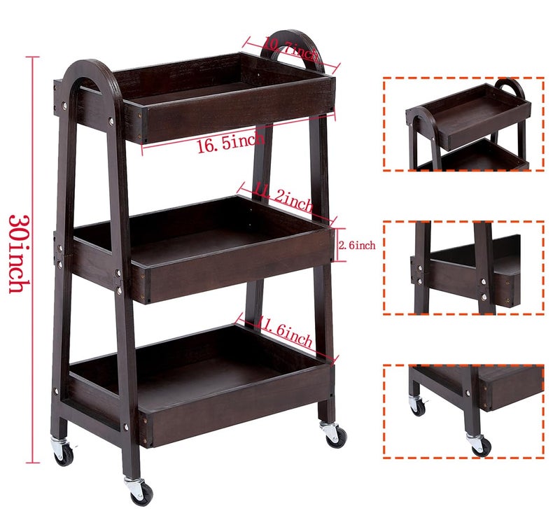 Kersiki 3-Tier Wooden Rolling Cart- Wooden Utility Cart wit Wheels- Utility Rolling Cart-Storage Trolley Organizer- Rolling Kitchen Cart Serving Cart for Office,Kitchen, Kids' Room (Walnut Color) - Image 2