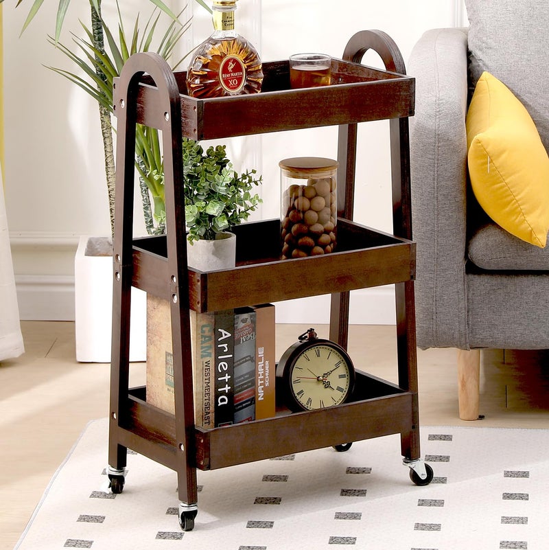 Kersiki 3-Tier Wooden Rolling Cart- Wooden Utility Cart wit Wheels- Utility Rolling Cart-Storage Trolley Organizer- Rolling Kitchen Cart Serving Cart for Office,Kitchen, Kids' Room (Walnut Color) - Image 5