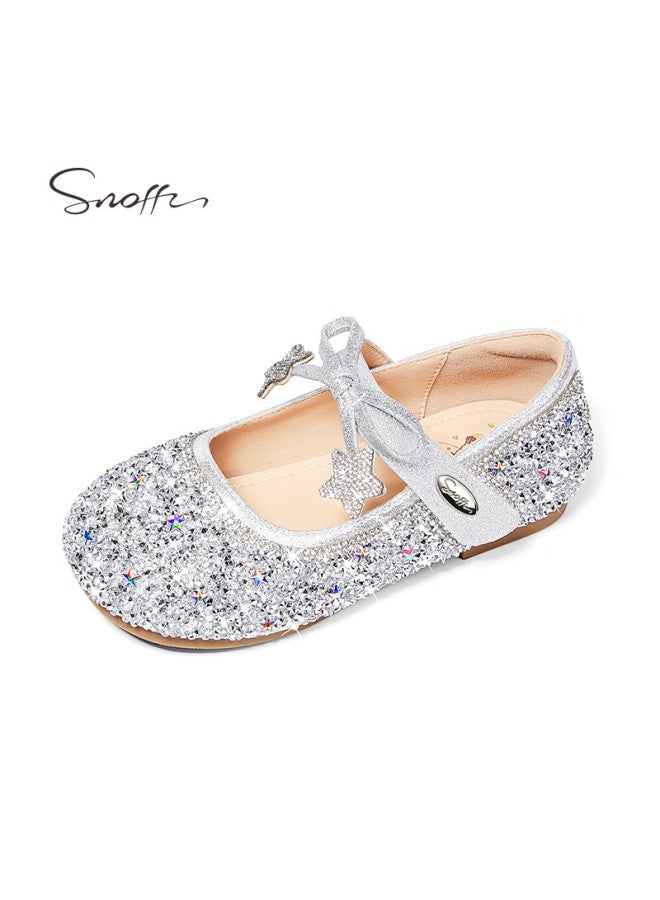 Snoffy Star Shoes Children's Crystal Shoes Autumn And Spring Girls' Shiny Princess Shoes Galaxy Silver Size 28 - Image 1