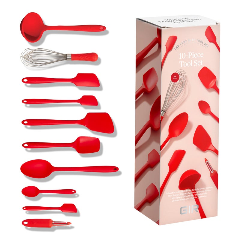 GIR Get It Right 10Piece Silicone Ultimate Kitchen Utensil Set Spatulas Ladle Flip Spoons Whisk Peeler Spoonula Nonstick NonToxic HeatResistant Red