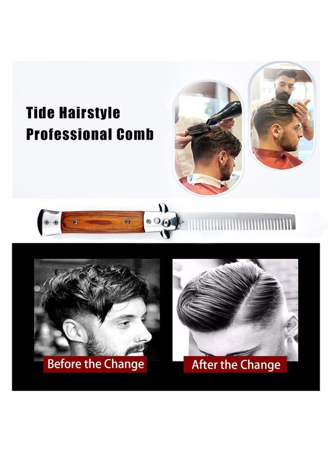 Flylin مشط قابل للطي من الفولاذ المقاوم للصدأ مع فرشاة نابضة - مشط بحجم الجيب للشعر أو اللحية (لون خشبي) - Image 2