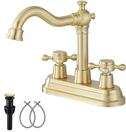 GGStudy Bathroom Faucet Brushed Gold GGStudy 2 Handles 4 Inches Centerset Bathroom Vanity with Drain Assembly and Supply Hose Lavatory Mixer Double Handle Tap - Image 1