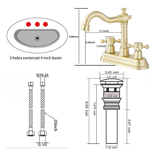 GGStudy Bathroom Faucet Brushed Gold GGStudy 2 Handles 4 Inches Centerset Bathroom Vanity with Drain Assembly and Supply Hose Lavatory Mixer Double Handle Tap - Image 2