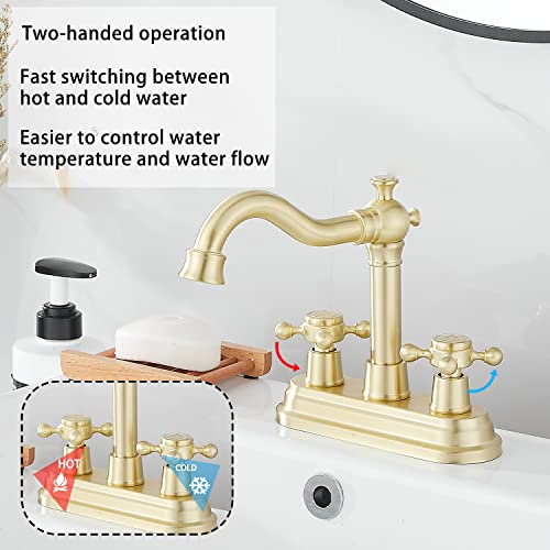 GGStudy Bathroom Faucet Brushed Gold GGStudy 2 Handles 4 Inches Centerset Bathroom Vanity with Drain Assembly and Supply Hose Lavatory Mixer Double Handle Tap - Image 4