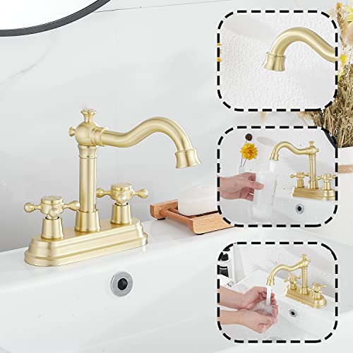 GGStudy Bathroom Faucet Brushed Gold GGStudy 2 Handles 4 Inches Centerset Bathroom Vanity with Drain Assembly and Supply Hose Lavatory Mixer Double Handle Tap - Image 5