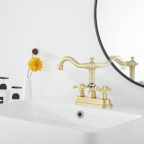 GGStudy Bathroom Faucet Brushed Gold GGStudy 2 Handles 4 Inches Centerset Bathroom Vanity with Drain Assembly and Supply Hose Lavatory Mixer Double Handle Tap - Image 3