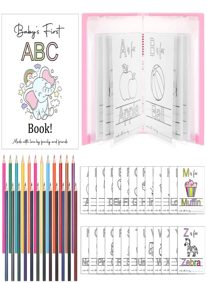 Sinload Baby's First ABC Coloring Book Baby Shower Game Activity 26 Card Alphabet a to Z Pages with 24 Color Pencil, Funny Pictures to Color Page Guestbook(Pink) - Image 1
