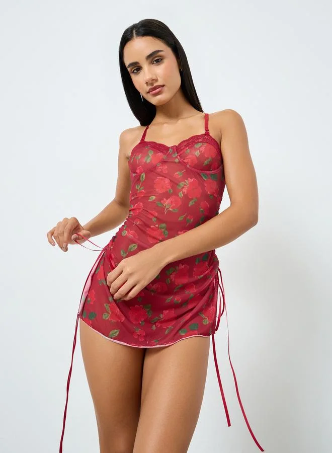 Styli Women Floral Print Short Slip with Lace Detail and Brief Set