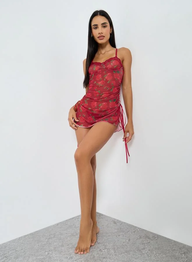 Styli Women Floral Print Short Slip with Lace Detail and Brief Set