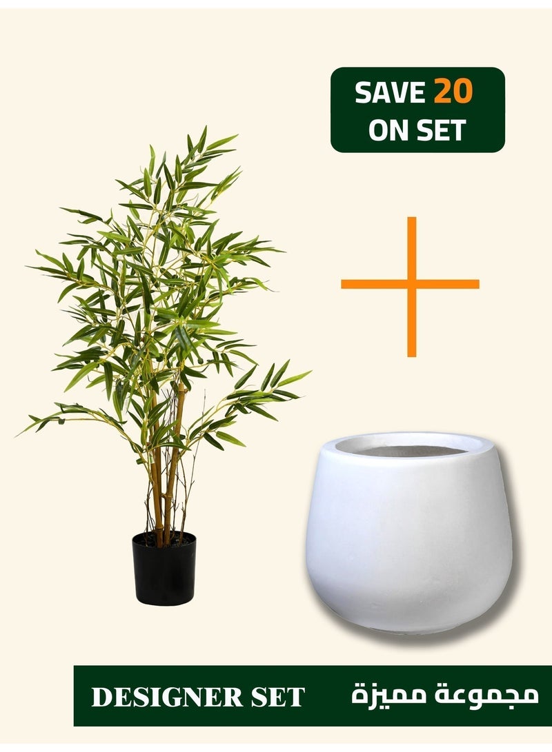 High-Quality Artificial Bamboo Tree (90cm) – Balance, Calmness, and Natural Beauty & Minimal Magnesia Cement Planter (25 × 19 cm) – Subtle Balance for Refined Interiors Bundle - Image 1