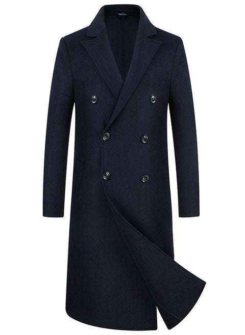 Men's Double-Sided Woolen Casual Coat Slim Fit Suit Collar Long Jacket Overcoat With Pockets Navy Blue
