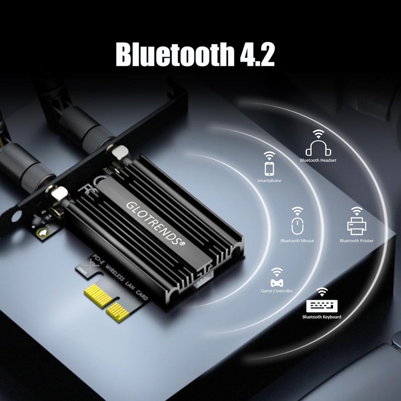 جلوتريندز بطاقة GLOTRENDS AC1200 WiFi 5 PCIe مع قوس منخفض الارتفاع لأجهزة الكمبيوتر المكتبية، شريحة Intel 7265، 802.11ac، بلوتوث 4.2، تدعم Windows 11/10/7/Linux، لا تدعم Mac OS/Windows XP - Image 4