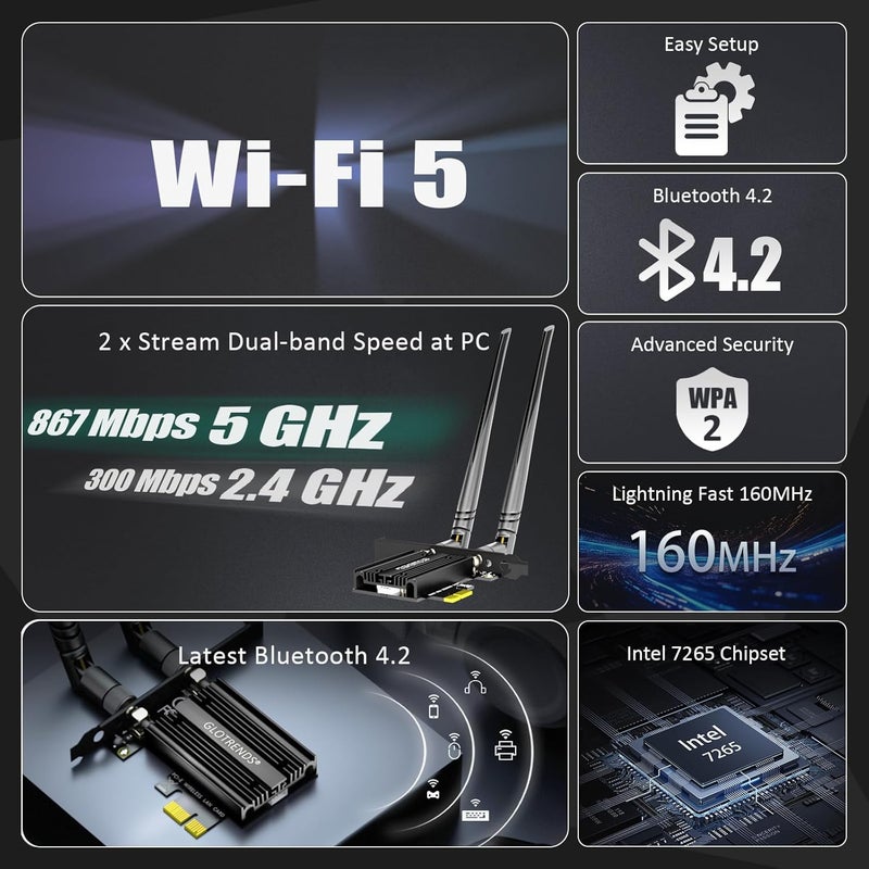 جلوتريندز بطاقة GLOTRENDS AC1200 WiFi 5 PCIe مع قوس منخفض الارتفاع لأجهزة الكمبيوتر المكتبية، شريحة Intel 7265، 802.11ac، بلوتوث 4.2، تدعم Windows 11/10/7/Linux، لا تدعم Mac OS/Windows XP - Image 3